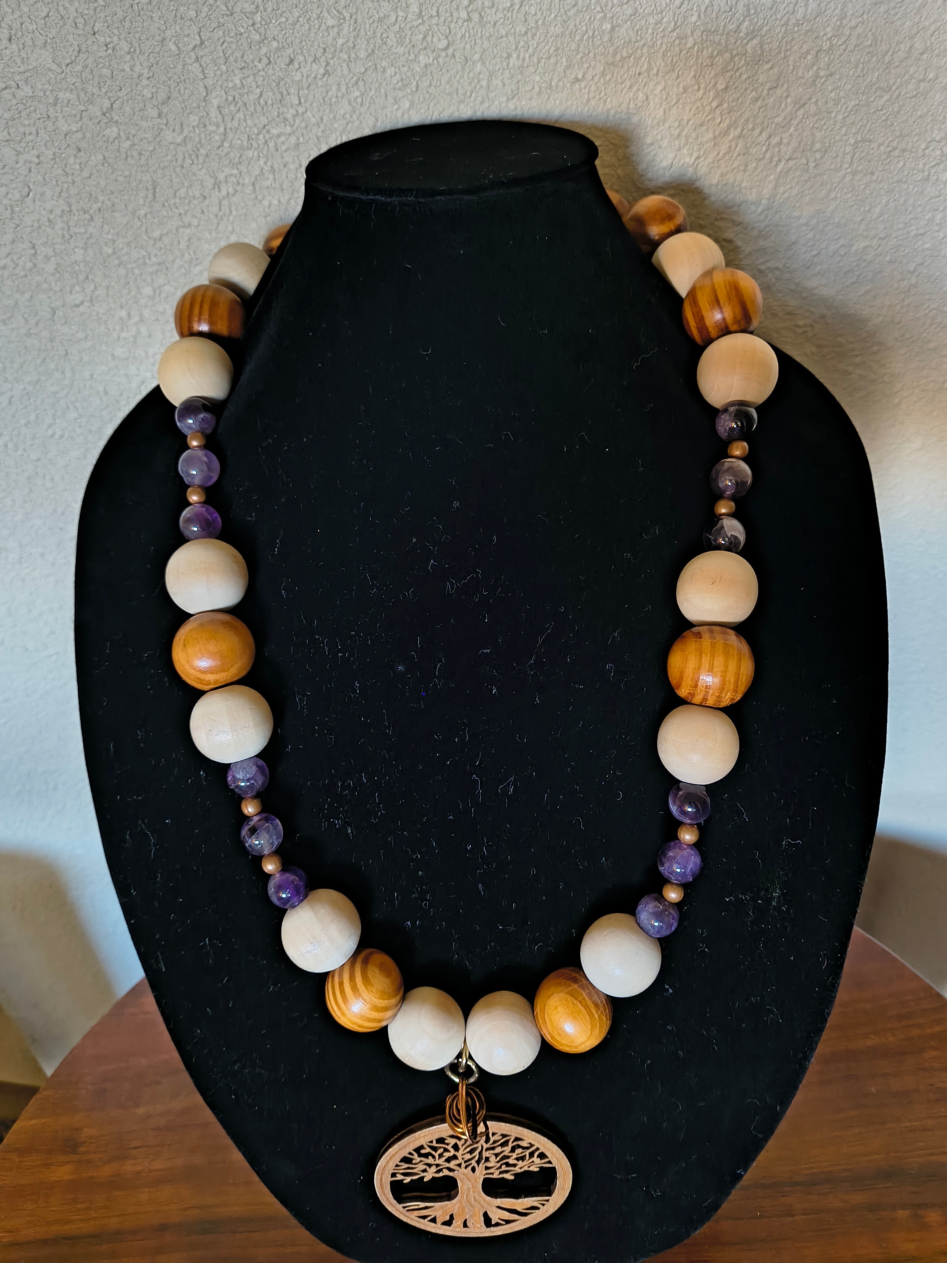 White and brown wooden necklace