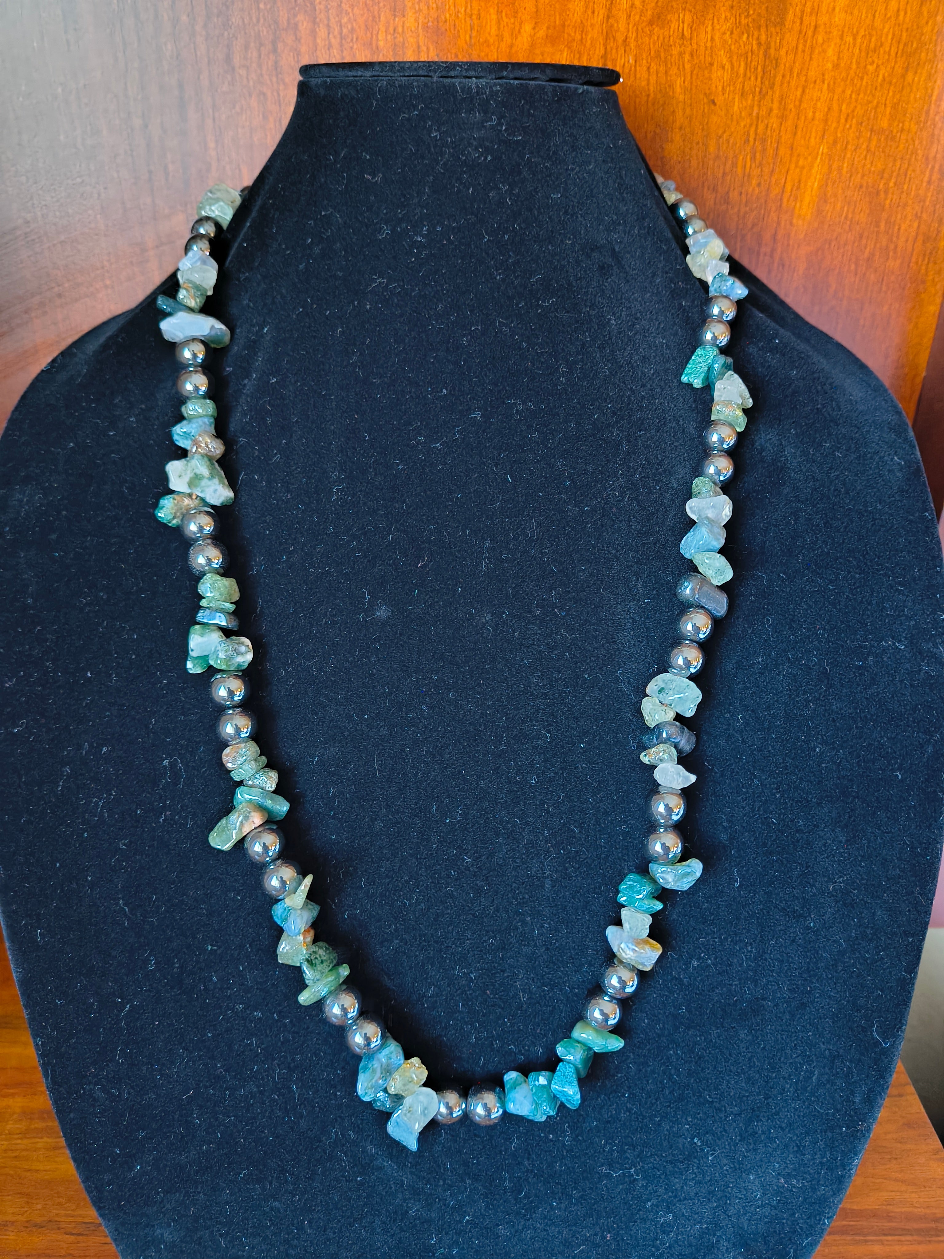 Hematite and moss agate crystal necklace