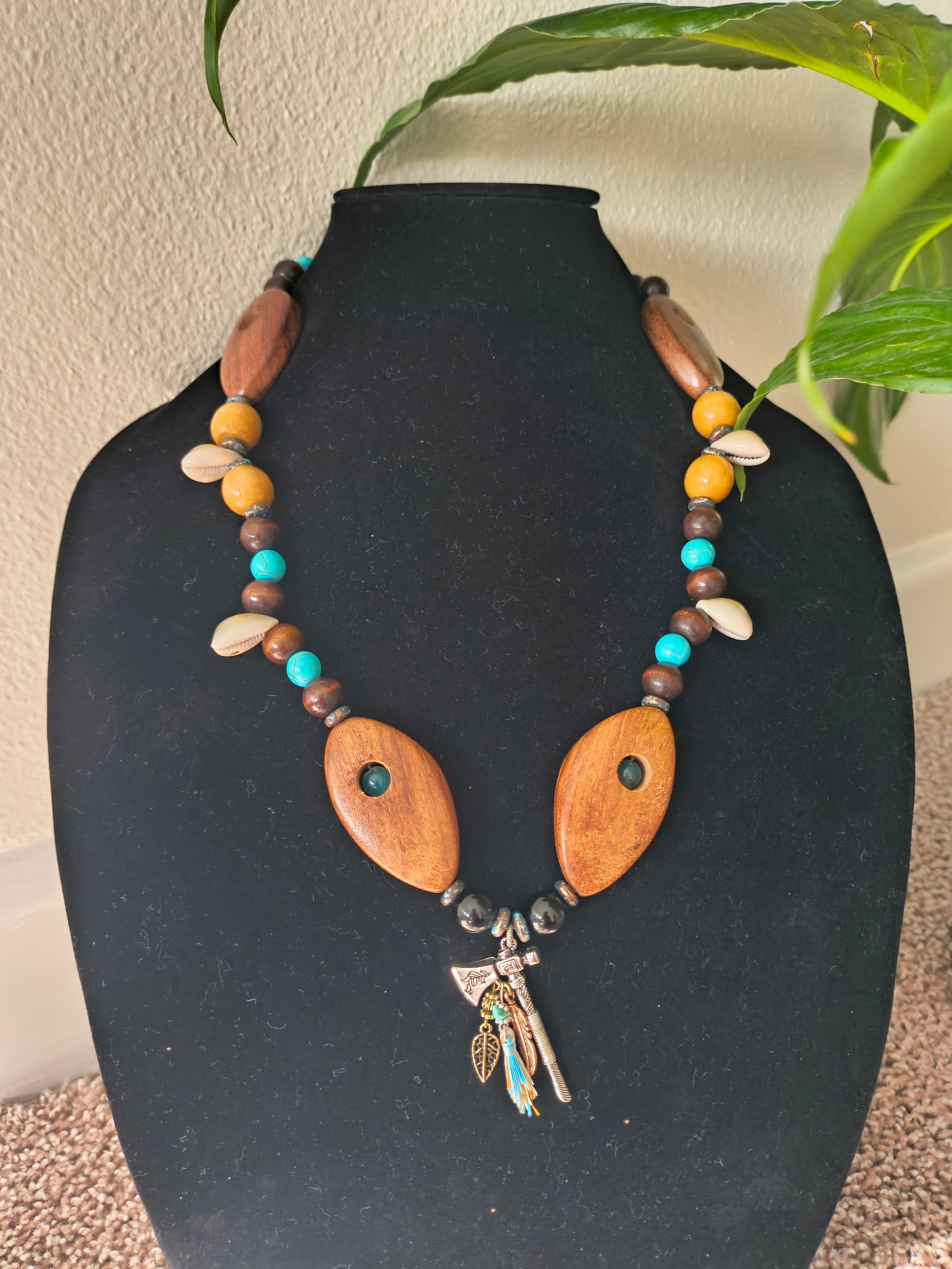 Wood bead necklace with turquoise beads and shells