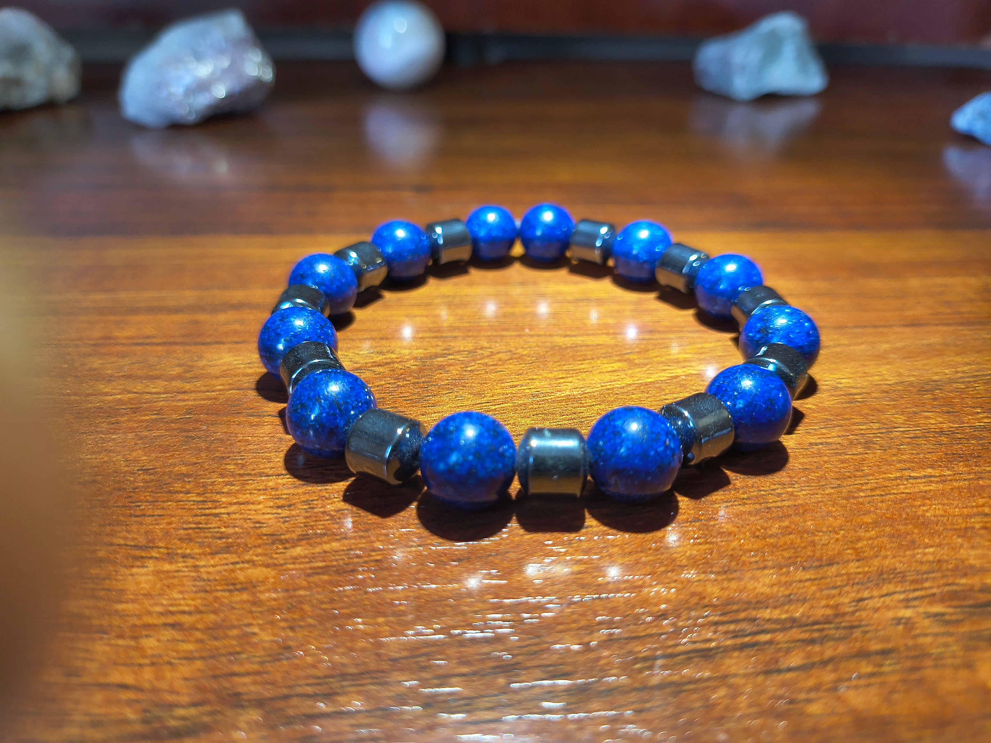 Lapis lazuli and hematite crystal bead bracelet