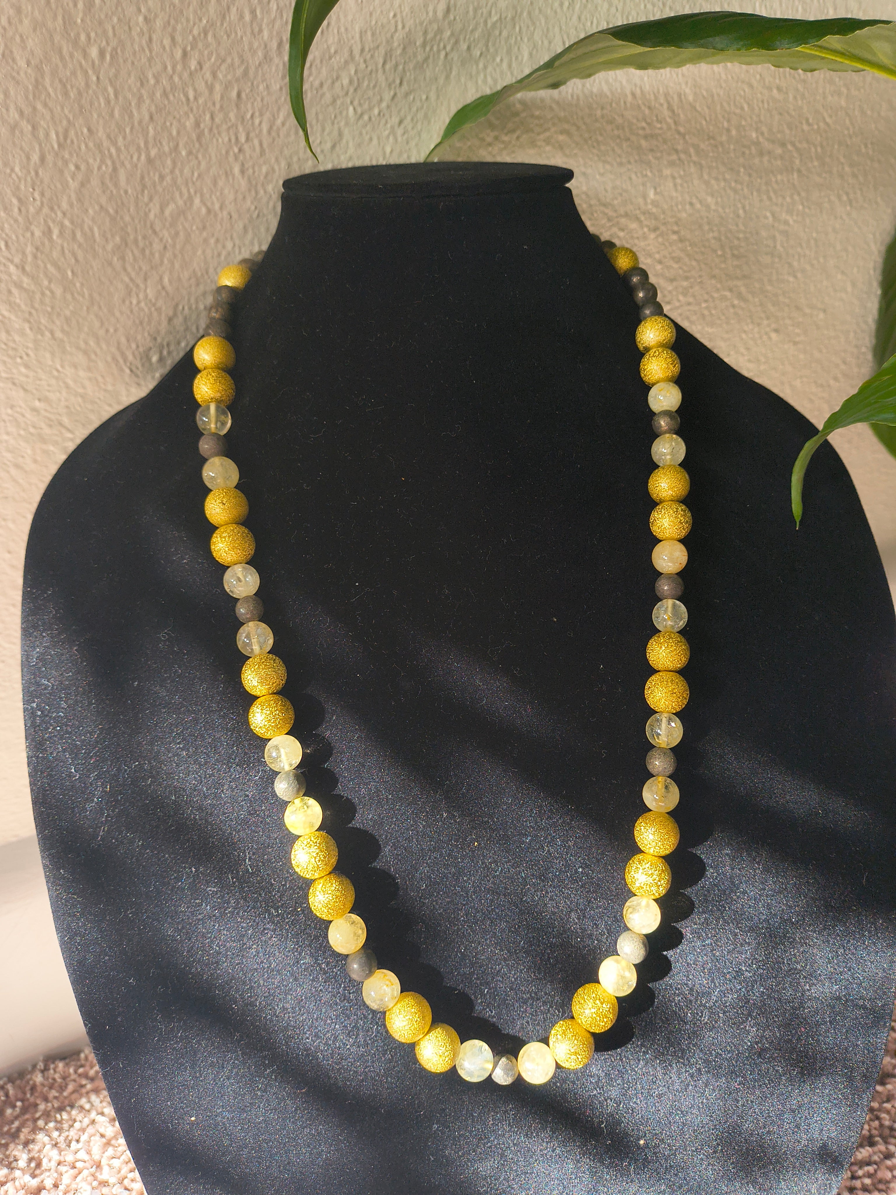 Citrine and pyrite crystal beads with gold bead necklace